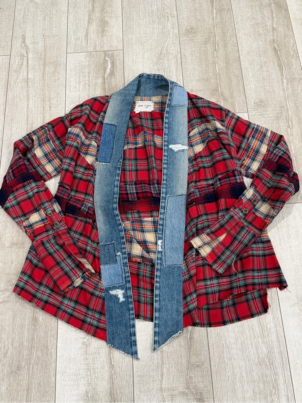 Greg Lauren men’s size 2 Red Plaid Flannel kimono with Denim Trim